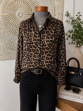 H&M Leopard Print Blouse Small Long Sleeve Animal Print Office Date Night Top